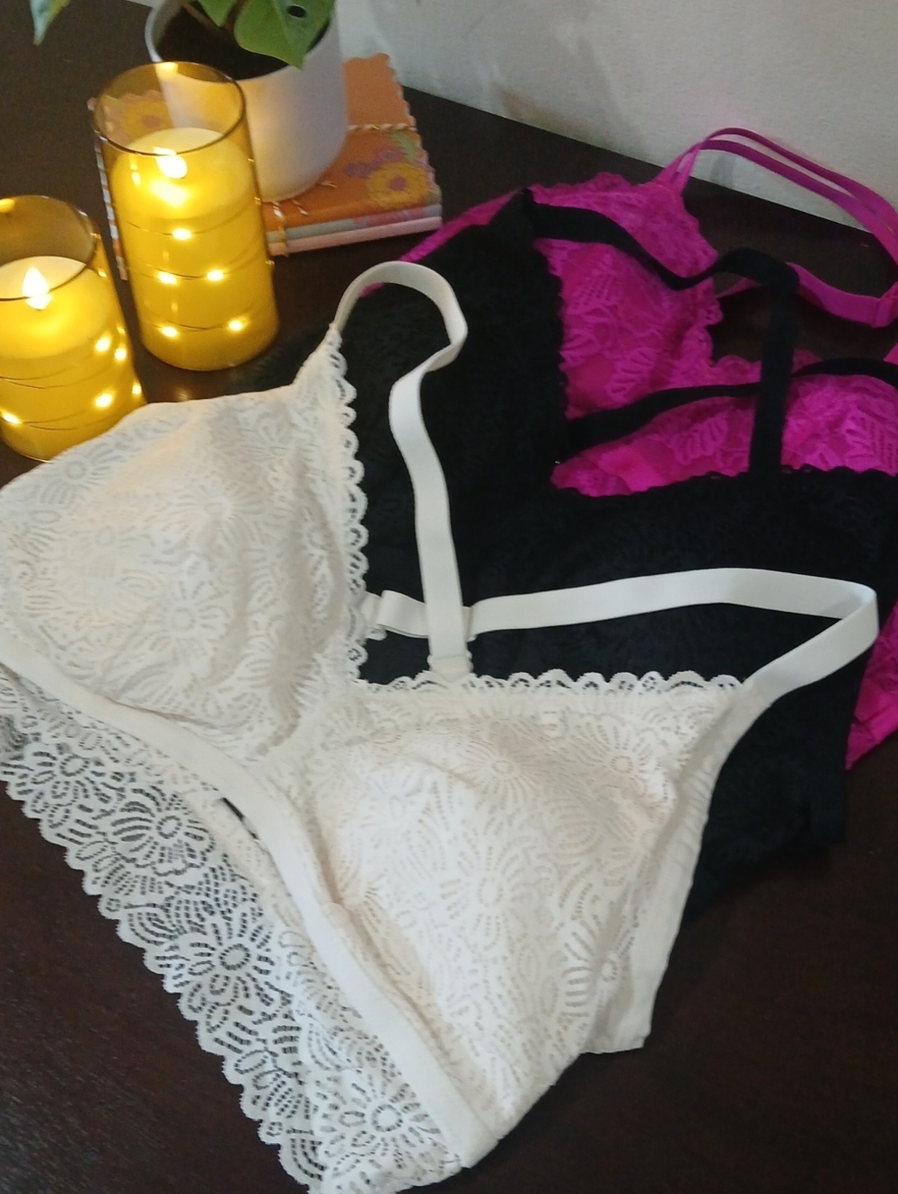 Auden Lace Bralette Trio in White, Black & Fuchsia